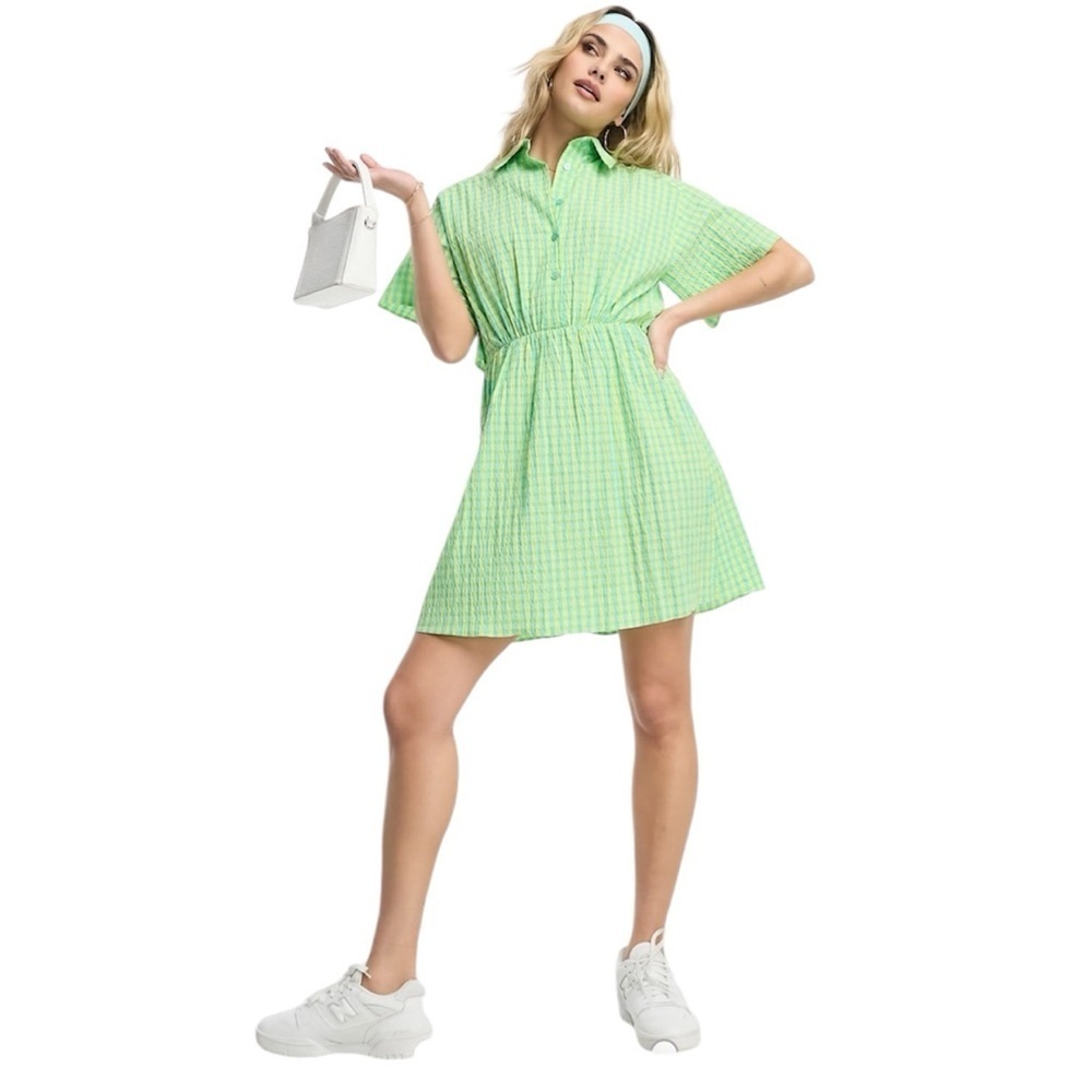 ASOS Cut Out Back Shirt Mini Dress With Seersucker Green Blue Check